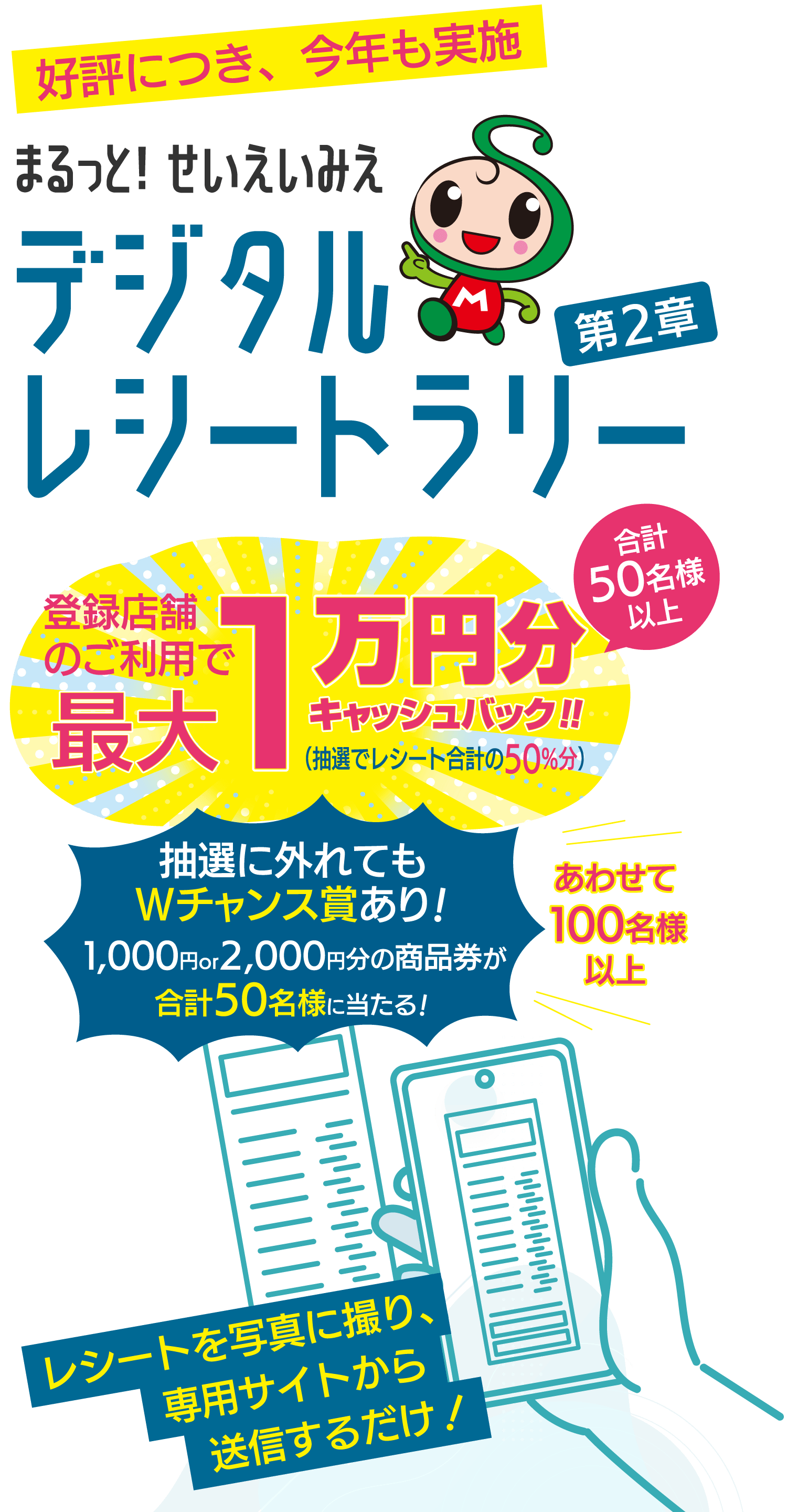 まるっと！せいえいみえ デジタルレシートラリー（第2章）　登録店舗のご利用で合計50名様以上に最大キャッシュバック1万円分！（抽選でレシート合計の50%分）　レシートを写真に撮り、専用サイトから送信するだけ！抽選に外れてもダブルチャンス賞あり！